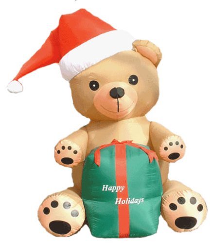 Gemmy Inflatable Christmas Lawn Decoration - 6 Feet Tall Cute Teddy Bear w/ Santa Hat and Present